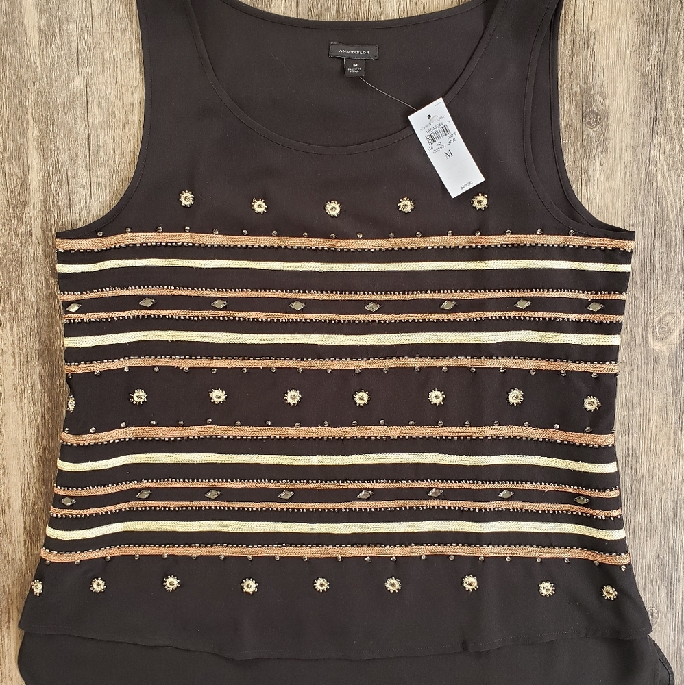 Ann Taylor Embellished India Motif Black Tank NWT